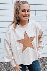 Beige Star Pattern Studded Crew Neck Plus Size Top
