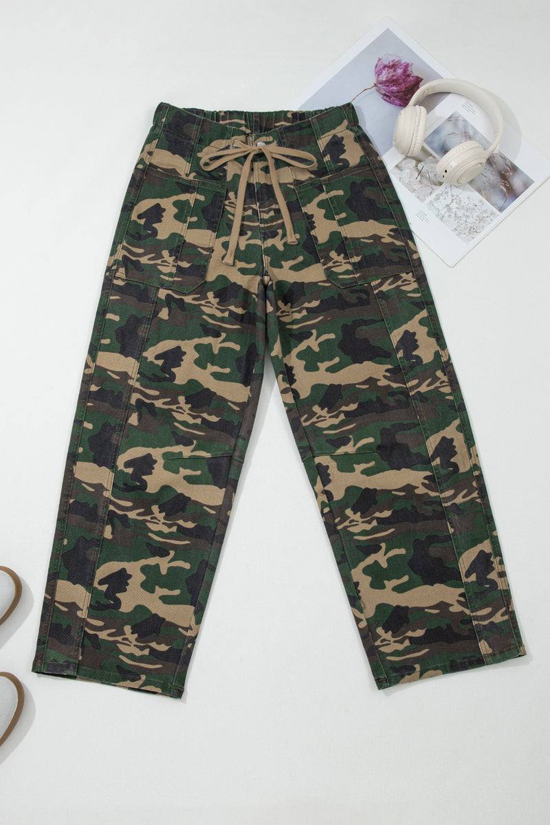 Green Camouflage Print Drawstring Patch Pocket Barrel Jeans