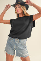 Black Casual Rivet Round Neck T Shirt
