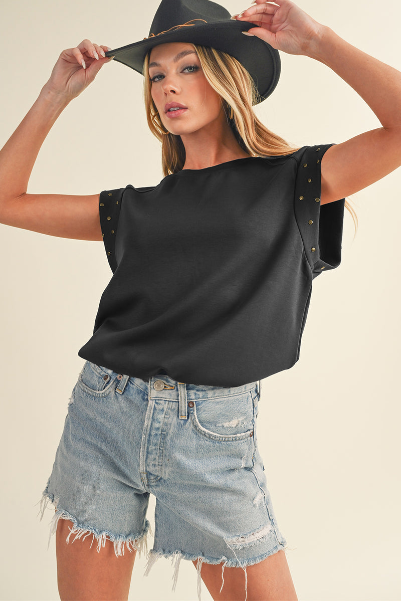 Black Casual Rivet Round Neck T Shirt