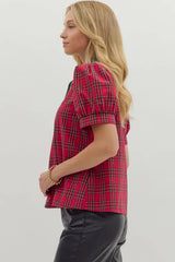 Red Plaid Print Contrast Trim V Neck Short Sleeve Blouse