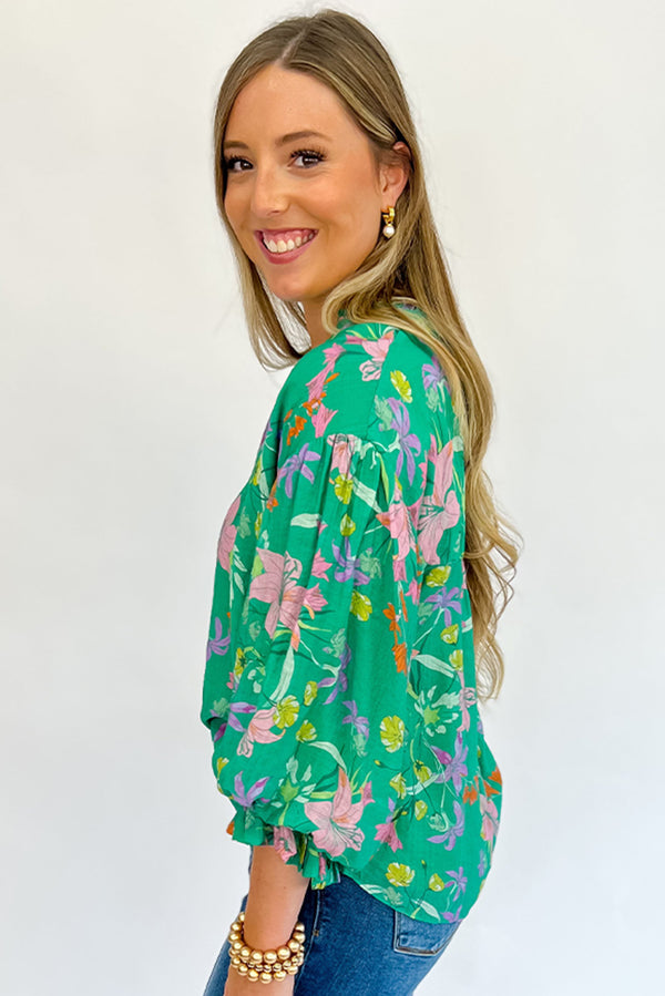 Green Floral Lantern Sleeve Button Front Shirt