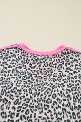 Khaki Leopard Print Contrast V Neck Varsity Stripe Detail Long Sleeve Top