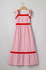 Red Stripe Bow Knot Straps Contrast Trim High Waist Ruffle Hem Maxi Dress