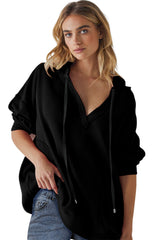 White Oversize Waffle Drop Shoulder Exposed Seam V Neck Hoodie