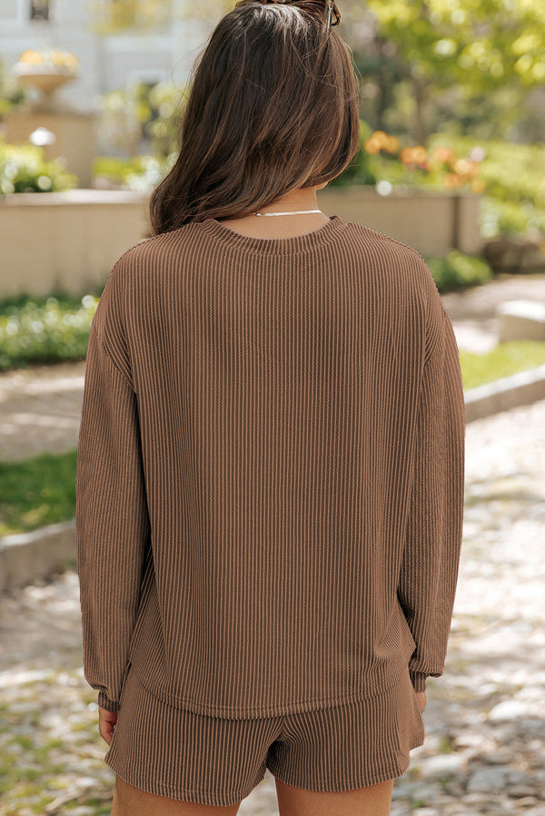 Chestnut Twisted Ribbed Mallard Duck Sequins Patch Long Sleeve Top and Short Set