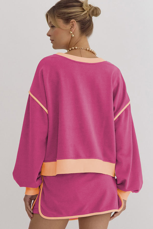 Rose Red Contrast Trim Loose Pullover and Lace-up Waist Skirt Set