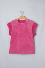 Pink Mineral Wash Raw Seam Detail Lace Trim Cap Sleeve Top