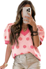 Rose Red Polka Dot Puff Short Sleeve Sweater Top