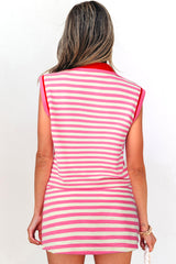 Dark Blue Textured Stripe Print Contrast Trim Zip Collar Sleeveless 2pcs Skort Set