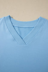 Apricot Pink Solid Color V Neck Tee Drawstring Pant Set