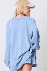 Mist Green Corded Bishop Sleeve Pullover and Ruffle Mini Skirt Set