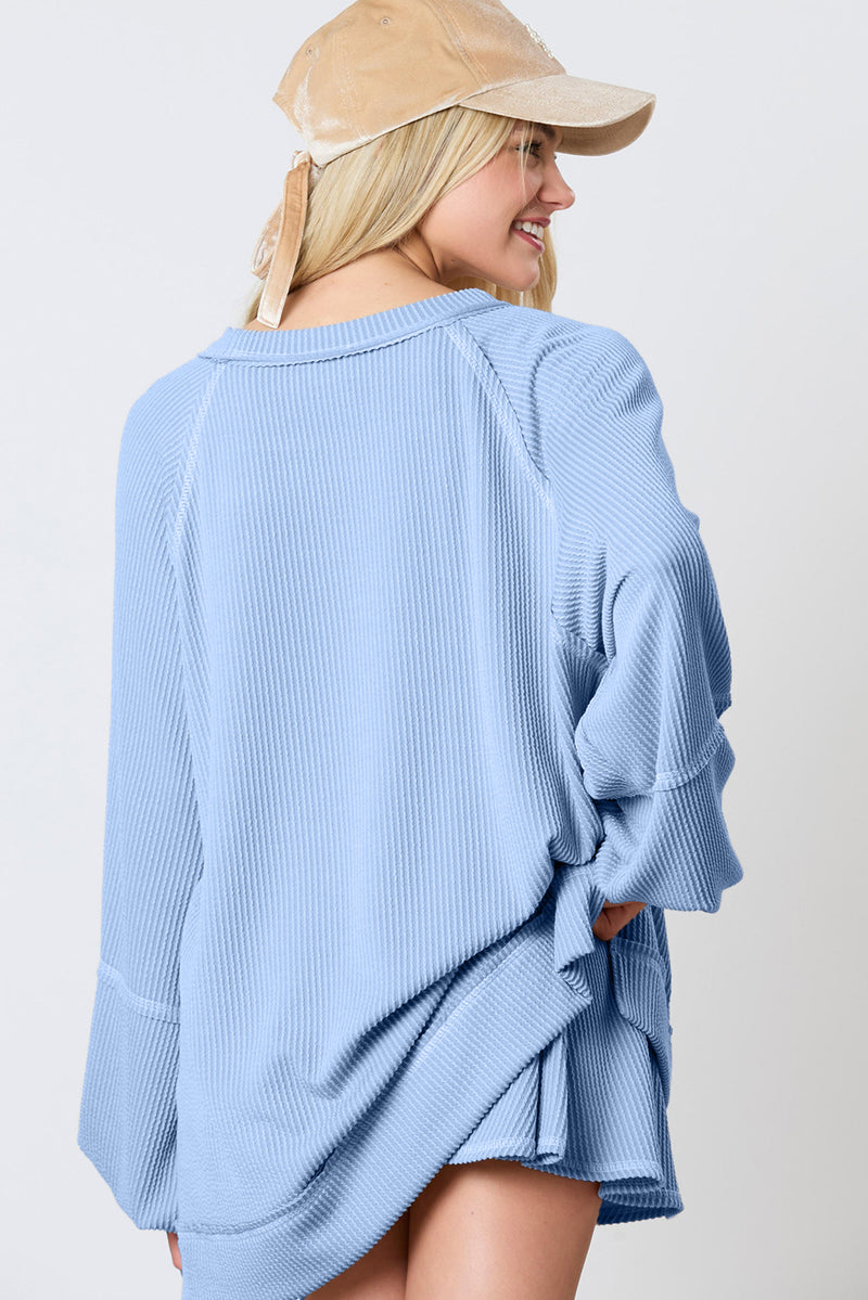 Mist Green Corded Bishop Sleeve Pullover and Ruffle Mini Skirt Set