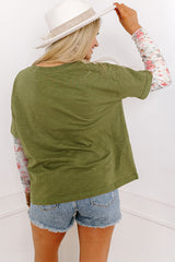 Fern Green Floral Mesh Patchwork Sleeve Crewneck Top