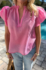 Rose Stripe Short Bubble Sleeve Split V Neck Blouse