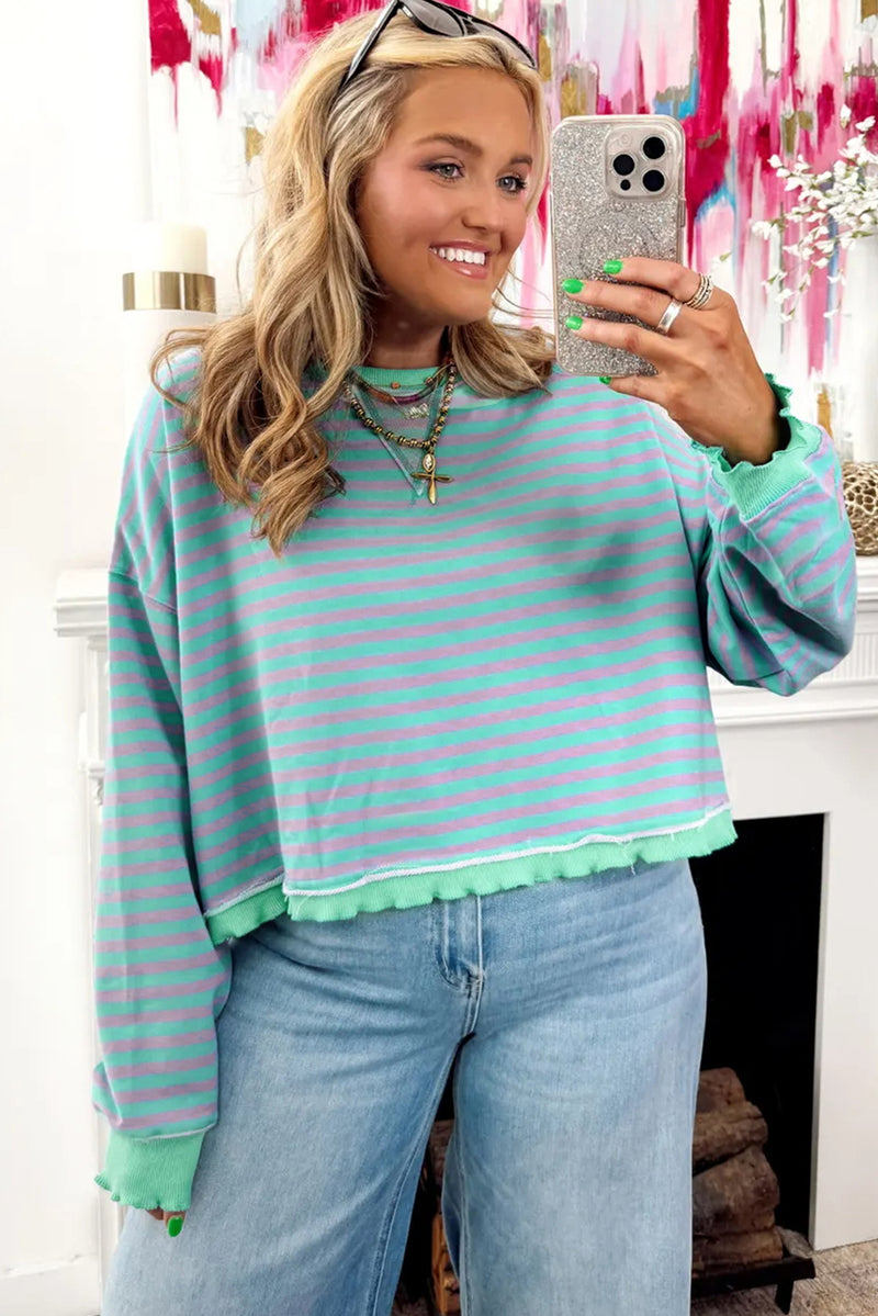 Green Stripe Exposed Seam Contrast Ribbed Trim Oversize Sweatshirt
