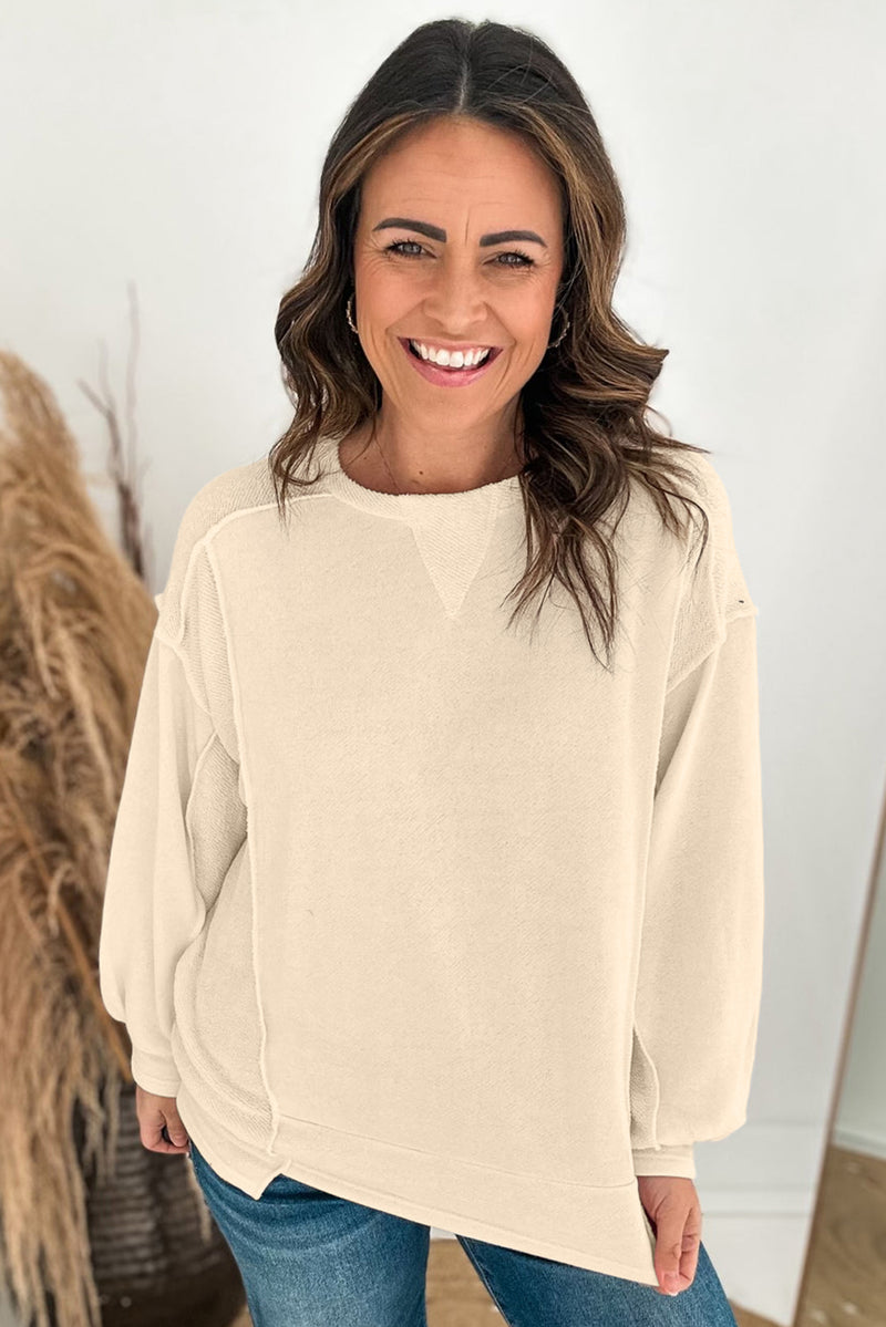 Beige Plain Exposed Seam Round Neck Pullover Sweatshirt