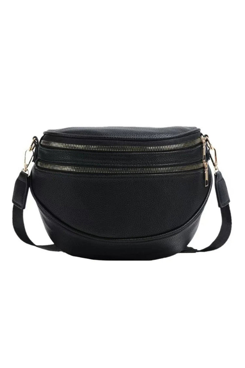 Black PU Leather Double Zipper Crossbody Bag