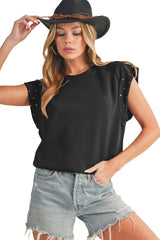 Black Casual Rivet Round Neck T Shirt
