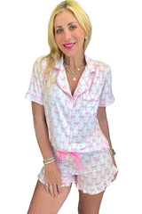 Pink Bowknot Print Shirt and Ruffle Hem Shorts Pajama Set