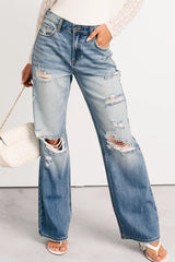 Myosotis Mid Rise Distressed Straight Leg Jeans