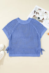 Black Plus Size Open Knit Bow Tie Short Sleeve Sweater