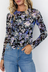 Green Floral Print Mesh Long Sleeve Top