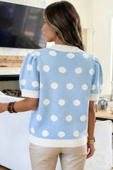 Rose Red Polka Dot Puff Short Sleeve Sweater Top