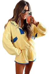 Yellow Colorblock Patchwork Half Button Pullover and Shorts Outfit