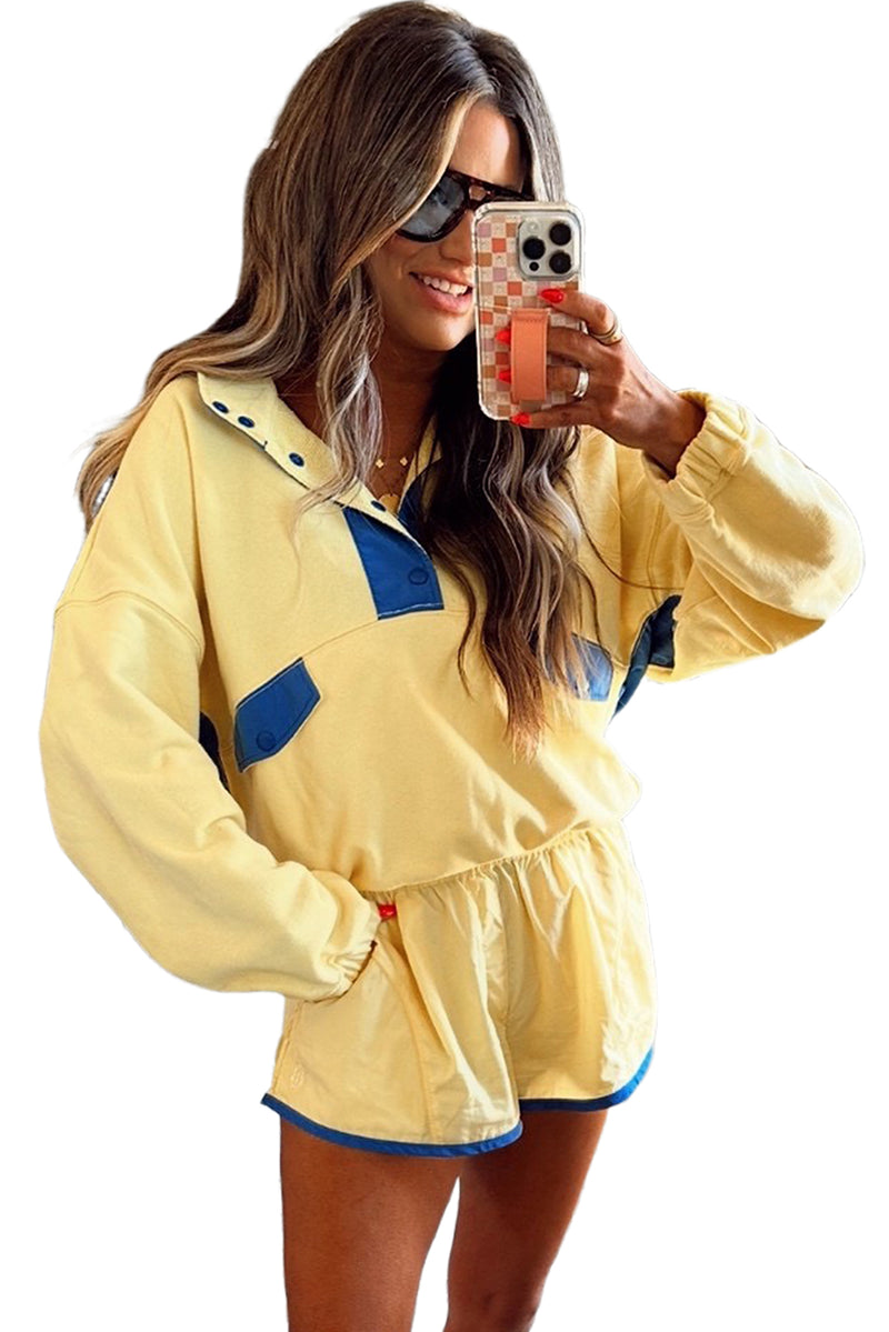 Yellow Colorblock Patchwork Half Button Pullover and Shorts Outfit
