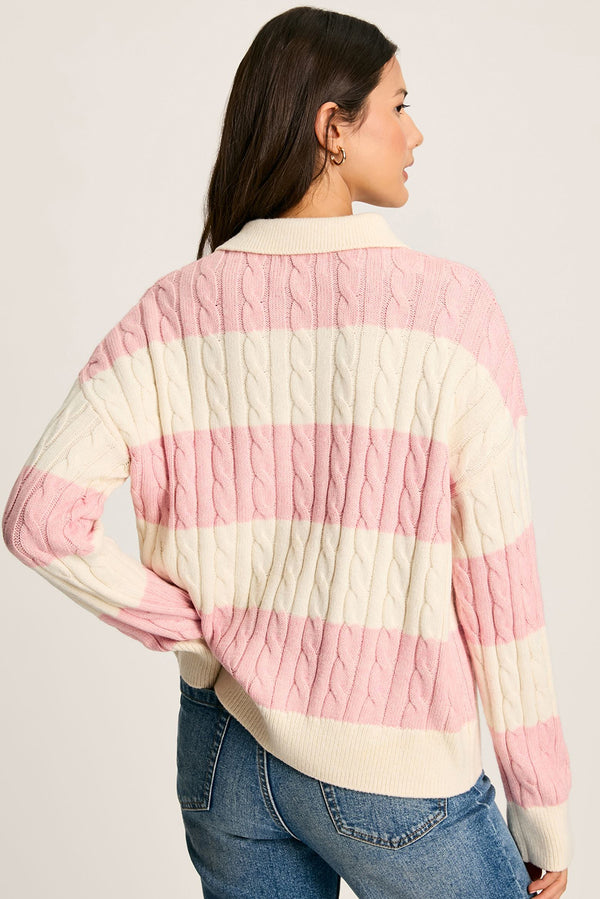 Pink Colorblock Button Collar Twisted Cable Knit Sweater