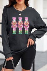 Pink Nutcracker Graphic Sequins Patch Mineral Wash Corded Sweatshirt