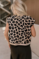 Black Leopard Print High Neck Short Sleeve Sweater
