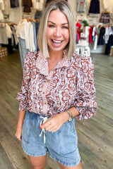 Floral Print Frilled Striped Trim Button Down Smocked Cuffs Long Sleeve Shirt