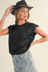 Black Casual Rivet Round Neck T Shirt
