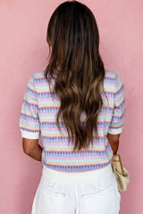 Rose Red Abstract Striped Knit Short Sleeve Sweater