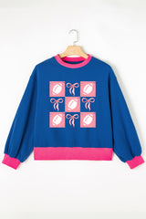 Blue Football and Bow Graphic Contrast Trim Drop Shoulder Sweatshirt