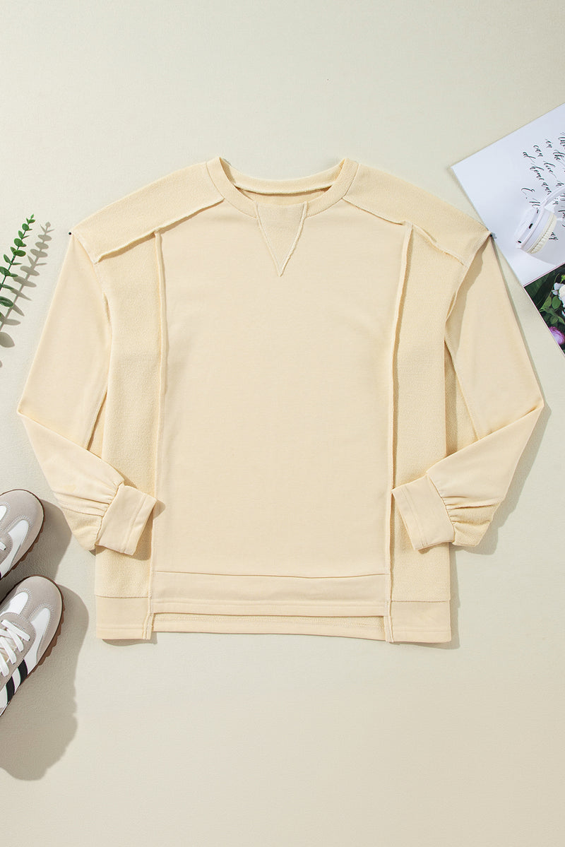 Beige Plain Exposed Seam Round Neck Pullover Sweatshirt