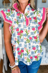 Rose Floral Print Color Block Striped Trim Flutter Sleeve Half Button Blouse