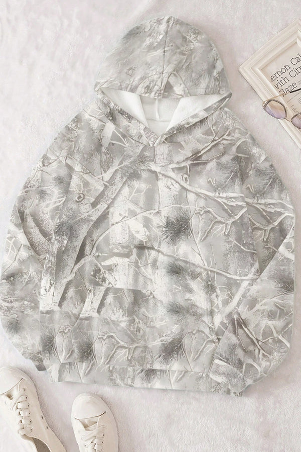 Gray Abstract Print Kangaroo Pocket Oversized Hoodie