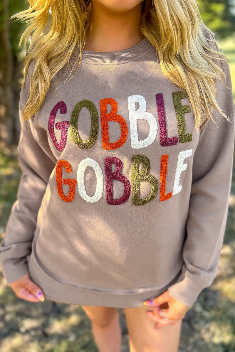 Dark Khaki GOBBLE Letter Graphic Thanksgiving Sweatshirt