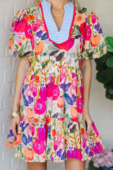 Rose Bright Floral Print Ricrac Trim Striped Patchwork V Neck Dress