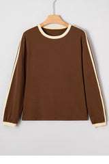 Dark Brown Varsity Striped Crew Neck Long Sleeve Top