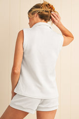 White Textured Half Zip Tank Top Drawstring Shorts Set