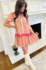 Orange Geometric Floral Print Color Block Trim Button Front Ruffle Hem Dress