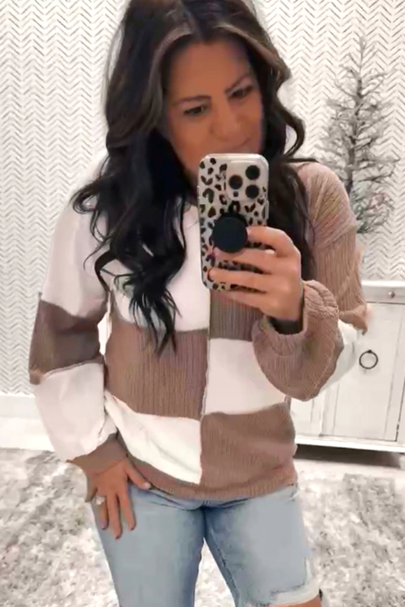 Dark Khaki Colorblock Checkered Raw Seamed Pullover