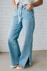 Myosotis Side Slit High Rise Drawstring Casual Jeans