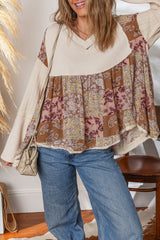 Beige Paisley Ethnic Print Waffle Patchwork Long Sleeve Loose Top