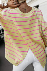 Blue Striped Overlap Detail Drop Shoulder Pullover Sweatshirt