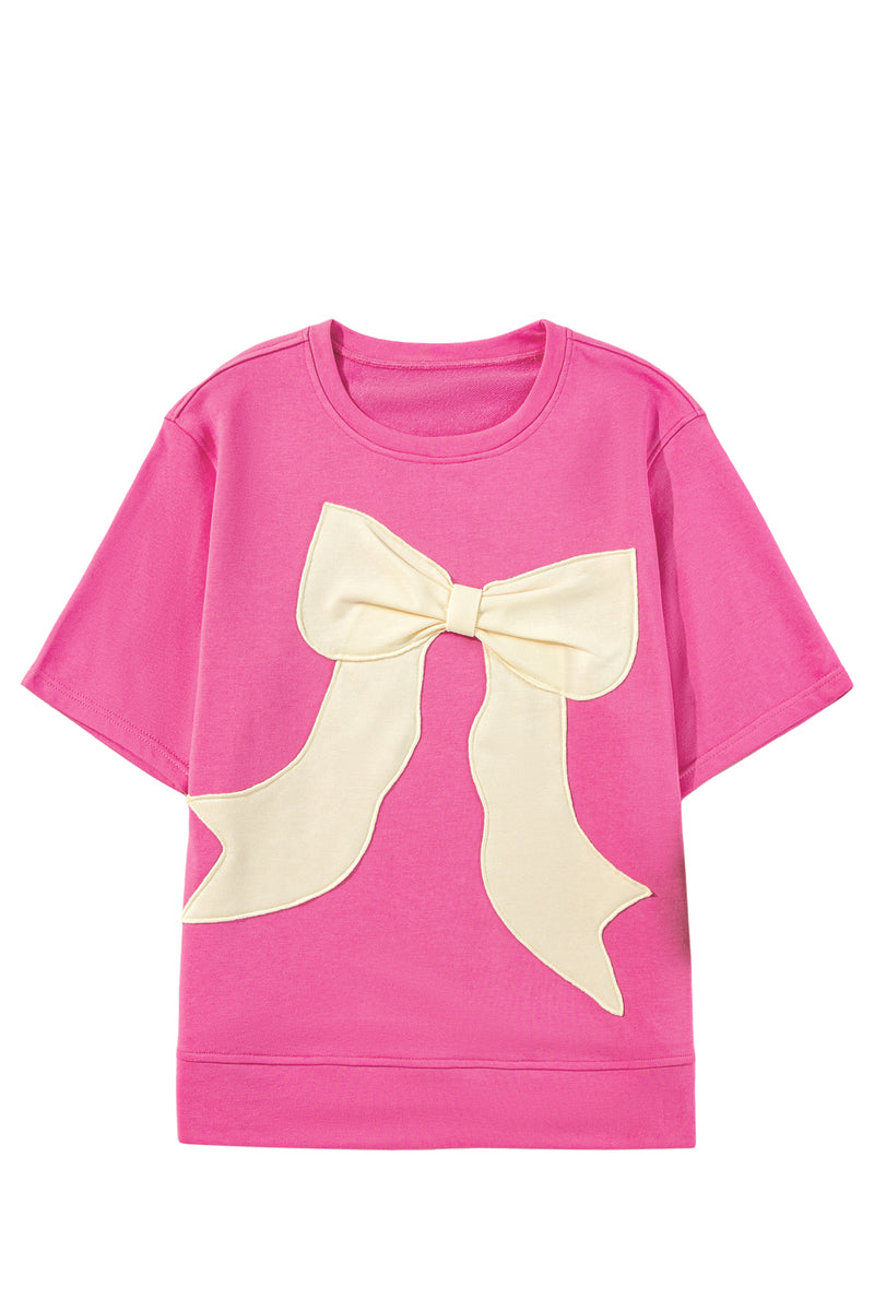 Strawberry Pink Sweet Bow Round Neck T-Shirt